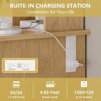 Vanity Desk with Mirror and Lights, 43'' Oak Makeup Dressing Table Set with 5 Drawers & Chair, Power Outlet, 3 Lighting Modes Adjustable Brightness & RGB LED for Women Girls Bedroom Bathroom