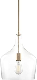 Kira Home Lucy 12" Modern Pendant Light + Clear Glass Vase Shade, Adjustable Hanging Height, Cool Brass Finish