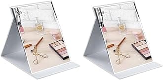 CEPLO Foldable Makeup Mirror Compact Frameless Vanity Mirror with Stand, PU Leather Travel Mirror, Free-Rectangular Folding Cosmetic Mirror for Desk, Purse & Travel (White, Pack of 2)