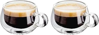 Double Walled Glass Coffee Cups, Set of 2 Espresso Glasses, 75 ml Each, Handmade Insulated Borosilicate Glass