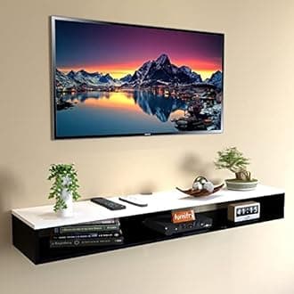 Wooden Wall Mounted Floating TV Stand/TV Entertainment Unit/Cabinet with Rack for Set Top Box & Decorative Objects/TV Stand Unit for Living Room with Storage Shelf (60x8x11 Cm, Black & White)