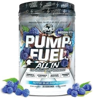 Sports Pump Fuel All in Medium Stim, Ultimate Pre Workout Powder & Muscle Pump, Serious Energy, Focus, Endurance & Recovery, Premium Creatine & Beta Alanine, Reppin’ Blue Raspberry, 20 Servings