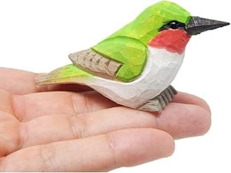 Hand-Carved Wooden Hummingbird Figurine - Ruby-Throated Gift Decoration, Handmade Bird Art Carved Small Animal Garden Statue.Miniature Wildlife Sculpture, Nature-Inspired Gift