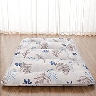 Japanese Floor Mattress, Futon Mattress with Portable Storage Bag and Washable Cover, Roll Up Thick Tatami Mat Suitable for Camping, Guest Room, White Leaf, Twin
