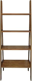 Casual Home 100% Solid Wood 4-Shelf Ladder Bookcase, 25" W x 14" D x 60" H, Warm Brown, 4-Tier Freestanding Ladder Shelf