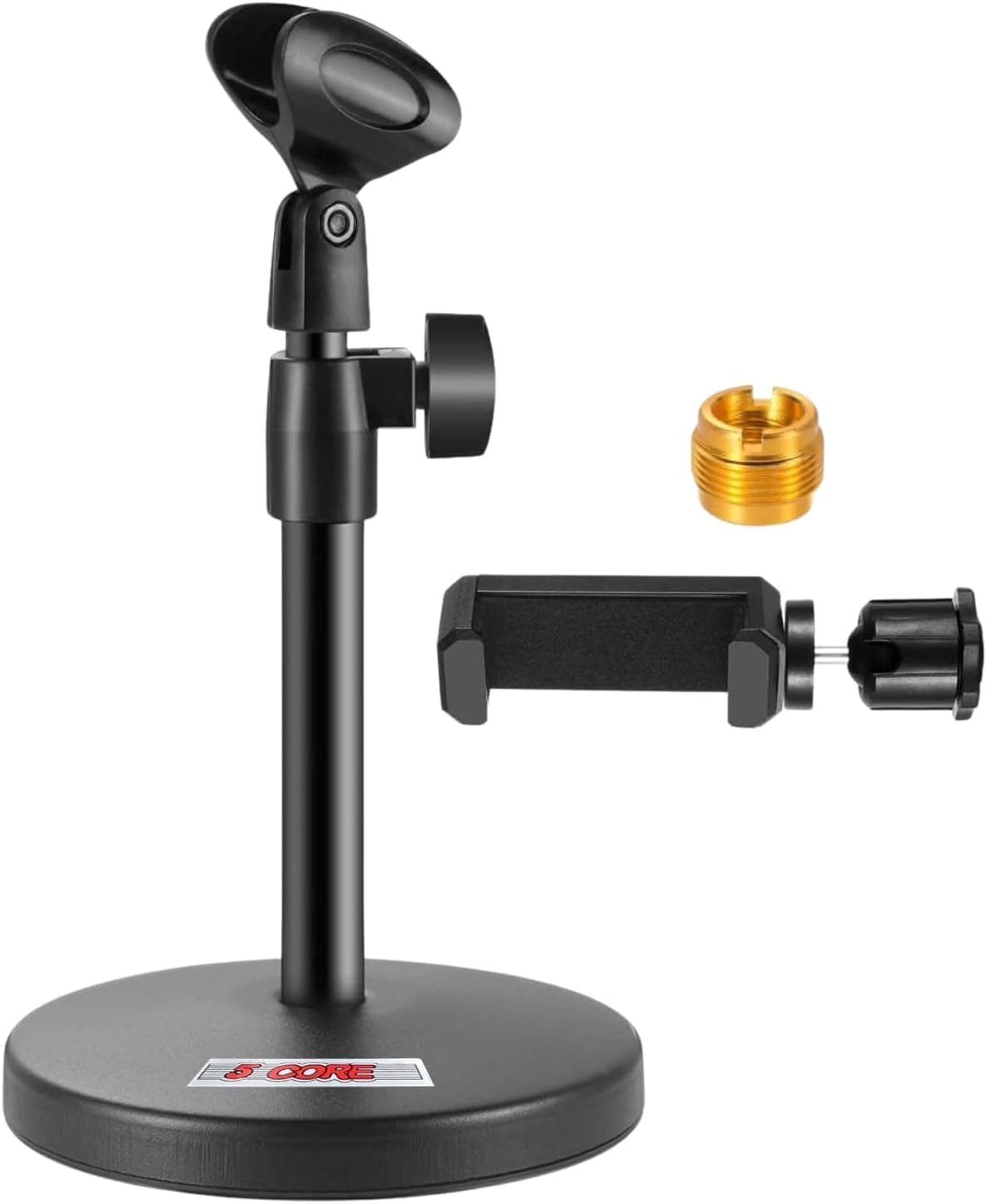 5 Core Mic Stand 3 in 1 Desktop Microphone Stands Height Adjustable Table Microfono Holder w Cell Phone Clamp Mike Clip Round Base Portable for Studio Podcast Podium Black - MS RBS BOOM