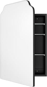 Victorian-Style Recessed Bathroom Medicine Cabinet, Wood Wall Cabinet with 17.5"x29" Curved Mirror, Bathroom Storage Cabinet, Black, Left-Swing Door