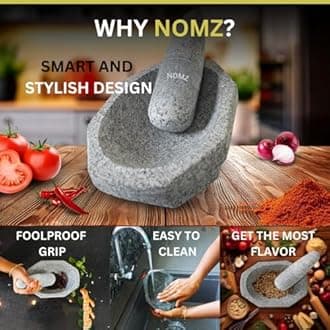 NOMZ Mortar Pestle for Kitchen with Anti-Slip Pad & Silicone Spatula - 4.8 kg Heavy, 10 inch Block Shape, 2 Cup Capacity - Kalvam/Khalbatta/Silbatta for Chutney