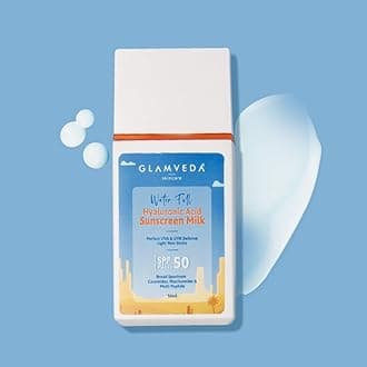 Glamveda Ultra Light Water Sunscreen SPF 50 PA+++ | Hyaluronic Acid Sunscreen Milk | Broad Spectrum UVA/B Protection | Brightens Skin Fragrance-Free & No White Cast | For Glowing & Sun Protected All Skin Type 50ml