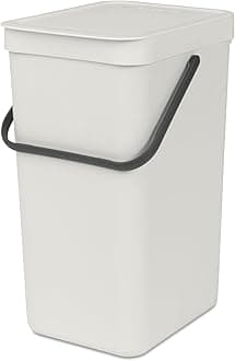 Brabantia - Sort & Go Waste Bin 16L - Medium Recycling Bin - Stay Open Lid - Carry Handle - Easy to Clean - for Under Kitchen Counter or Wall-Mounted - Compost Bin - Light Grey - 22 x 28 x 40 cm