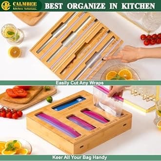 Calmbee 9 IN 1 Storage Bag Organizer, Foil and plastic Wrap Organizer with Cutter, Kitchen Organizers and Storage Compatible with Gallon, Quart, Sandwich (Natural)