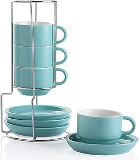 Sweejar Home Porcelain Espresso Cups with Saucers, 120 ml Stackable Cappuccino Cups with Metal Stand for Coffee Drinks, Latte, Tea - Set of 4 (Turquoise)