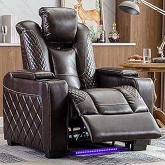 CANMOV Electric Power Recliner Chair with Ambient Lighting, Faux Leather Dual Motor Power Home Theater Seating with Adjustable Headrest, Hidden Arm Storage,Cup Holders,USB Ports (Single,Brown)