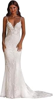 Mermaid Wedding Dresses for Bride Lace Beach Tulle Applique V-Neck Spaghetti Straps Boho Bridal Dress for Bride with Train