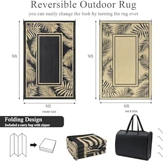 Bsmathom Waterproof Outdoor Rug 6'x9' Reversible Boho Plastic Straw Patio Deck Camping Rugs, Indoor Outdoor Portable RV Mat Clearance Carpet for Outside, Porch, Balcony, Backyard, Beach, Pool,Black