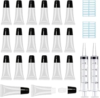 AMORIX 50PCS Lip Gloss Tubes 5ml Black Cap Refillable Cosmetic Syringes + Labels for DIY Lip Gloss Base Glitter