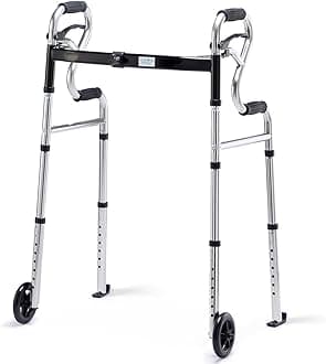 3 in 1 Folding Walker with 5” Front Wheels by Health Line Massage Products, Width Adjustable Compact Standard Walker Support Up to 350lbs, Quick Folding 2 Wheels Walker for Seniors, Adults Sliver