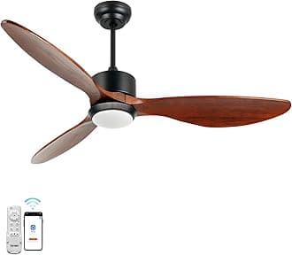 52 Inch Solid Walnut Wood Ceiling Fans with Lights Remote Control, 3 Blade Propeller Smart Ceiling Fan for Bedroom Living Room