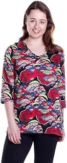 LA CERA Women's Cotton Printed Tunic Top, 100% Cotton, Floral Tunic Shirt, V-neck, 3/4 Sleeve Tops, Machine Wash Cold