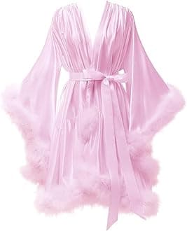 yinyyinhs Feather Robe for Women Silk Satin Bridal Dressing Gowns for Bride Short Fur Lingerie Nightgown Bathrobe Sleepwear Pink S/M