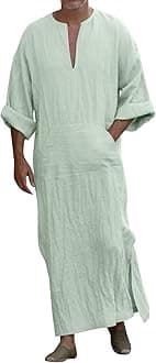YOUYING Kaftan Thobe Mens Short Sleeve V-Neck Linen Robe Big and Tall Muslim Robe Casual Loose Lightweight Long Sleeping Gown