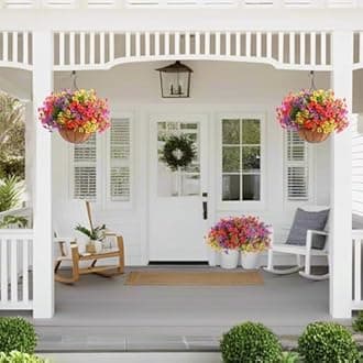 Hananona 2 Set Artificial Outdoor Flowers with Hanging Basket, 2 Hanging Planters with 24 Pcs Flowers for Spring Summer Front Porch Garden Patio Home Decor (2, Red, Purple, Yellow, Rose Red)