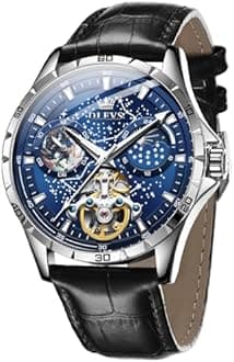 OLEVS Mens Leather Watches Automatic Mechanical Skeleton Tourbillon Diamond Luxury Self Winding Dress Wrist Watches Moon Phase Waterproof Luminous