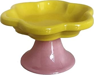 Ceramic Elevated Cat Bowls Flower Dish,Small Raised Dish.Flower Ceramic Raised Bowls for Cats and Small Dogs reducing pet’s Neck Bending and Pressure （Yellow Pink）