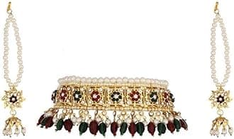 GenericBridal Hyderabadi Red/Green Ruby Satlada Long Princess Necklace with Jhumka Earrings in Cultured Pearls and Simulated Ruby Emerald beads for Womens & Girls