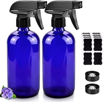 Glass Spray Bottles, 16oz Refillable Containers, Empty Boston Round Bottles with Labels & Adjustable Nozzle for Cleaning, Gardening, Aromatherapy, Pets, Plant, Hair -Blue (2 Pack)