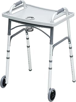 Foldable Walker with Tray，Lightweight Folding Walker with 5" Wheels Height Adjustable Aluminum Standard Walkers for Seniors up to 350 lbs
