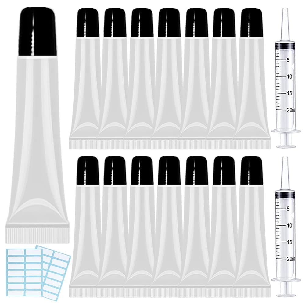 50 Empty Lip Gloss Tubes - 15ml Black Cap Containers + 2 x 20ml Syringes & Labels for DIY Lip Gloss Base