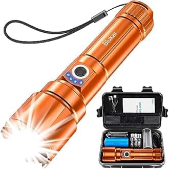 Blukar Rechargeable Flashlight High Lumens, Super Bright LED Powerful Tactical Torch - 5 Light Modes, Zoomable, Long Lasting, Waterproof Handheld Flash Light for Emergency, Camping, Hiking-Orange