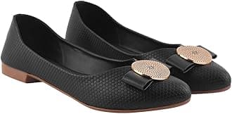 Shoetopia Women's Ballet Flats – Textured Slip-On Bellies with Decorative Bow & Gold Button | Elegant Casual & Office