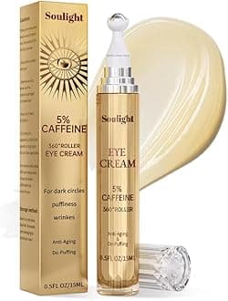 Soulight 5% Caffeine Eye Serum Anti Aging, Eye Cream Reduce Dark Circles, Puffiness, Fine Lines, Wrinkles, Hyaluronic Acid Niacinamide Eye Moisturizer with 360° Massage Ball, Eye Balm for Men & Women