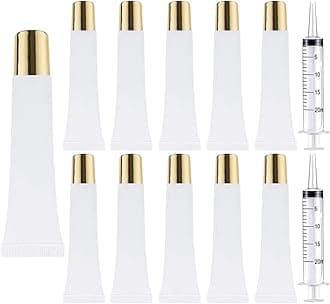 AMORIX 50PCS Lip Gloss Tubes 15ml Gold Cap Lip Gloss Containers Empty Lip Balm Tubes Refillable Cosmetic Squeeze Lipgloss Tubes + 2 x 20ml Syringes Tag Labels for DIY Lip Gloss Base Glitter