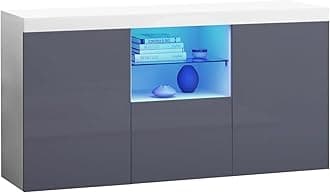 Panana Modern Hight Gloss Front Livingroom Cabinet with 3 Door, RBG LED Cupboard Sideboard Display Storage TV Unit Stand (Grey)