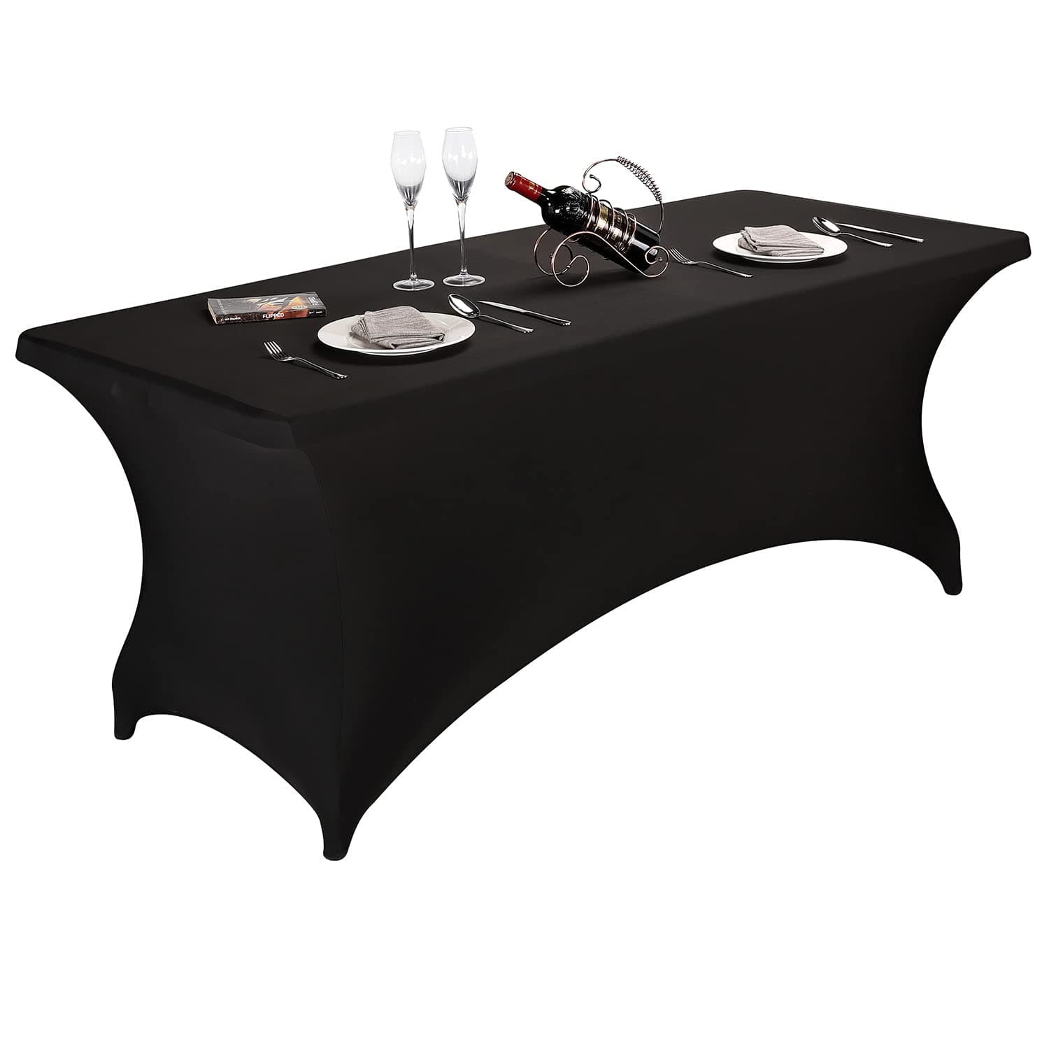 Spandex Fitted Stretch Table Cover for 6 ft or 4ft or 8ft Folding Table, Rectangular Cocktail Tablecloth, Perfect for Party or Banquet (6FT Black)