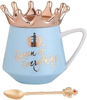 NYRWANA Coffee Mug, Gift for Woman, Birthday Present for Girlfriend, Present for Wife Birthday, Diwali Gift, Best Present for Women, Queen of Everything Mug with Golden Crown & Spoon (350ml-Sky Blue)