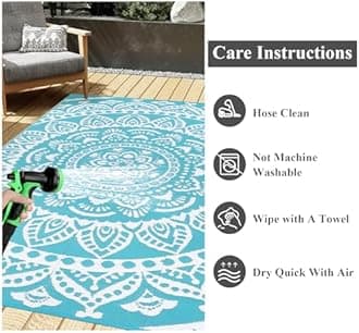 Bsmathom Waterproof Outdoor Rug 8'x10' Reversible Boho Plastic Straw Patio Deck Camping Rugs, Indoor Outdoor Portable RV Mat Clearance Carpet for Outside, Porch, Balcony, Backyard, Beach, Pool,Teal