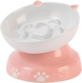 Y YHYCeramic Slow Feeder Cat Bowl, Elevated Cat Bowl Tilted Design Slow Feeder for Dog and Cat for Dry and Wet Food, Pink