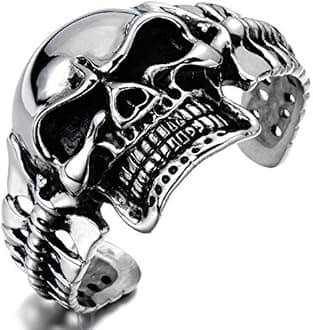 Heavy and Study Mens Stainless Steel Biker Skull Cuff Bangle Bracelet Silver Black Two-Tone Polished