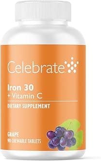 Celebrate Vitamins Iron Supplement with Vitamin C - 30mg Iron, 60mg Vitamin C, Bariatric Vitamins for WLS Patients, Vertical Sleeve & Gastric Bypass Surgery – Grape, 90 Chewable Tablets