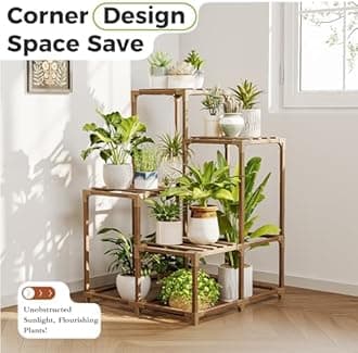Bamworld Corner Plant Stand Indoor Outdoor Plant Shelf Small Plant Table for Multiple Plants Wooden Plant Holder for Garden Patio Lawn Window Plants Gift,Brown