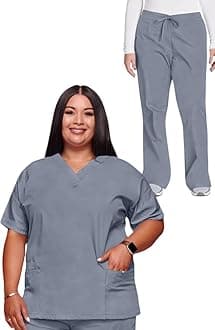 Cherokee Scrub set for women Traditional Fit Dolman Sleeve, V-neck Top 4700 Natural Rise Flare Leg Drawstring Pant 4101