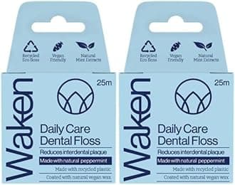25m peppermint dental floss, 100% natural flavor, reduces plaque and gum disease, clinically tested, vegan floss, eco-friendly, sustainable packaging, 100% recyclable, white. (Pack of 2)