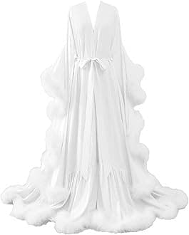 Women's Feather Bridal Robes Silk Satin Maternity Robes for Photoshoot Old Hollywood Long Nightgown Bathrobe Lingerie