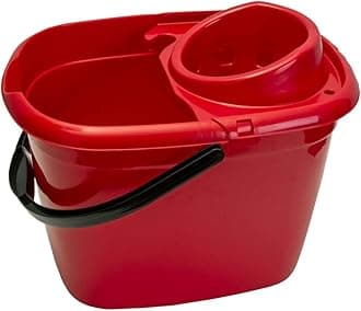 Abbey Plastic Mop Bucket with Wringer 12 Litre – Colour Coded Cleaning Floor Plastic Mop Bucket with Side Lip for Easy Pouring for General and Small Area Cleaning - Red