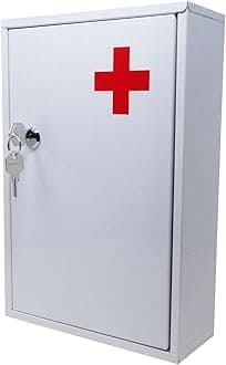 AuraHome® Secure Medical Storage Lockable Box First Aid Medicine Emergency Metal White Gloss Bathroom Cabinet Wall Mounted Safe Secure Medicine & Valuables complete with fixings & 2 keys