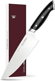 - WICKWILLOW 8 Inch Chef Knife – German Steel X50CrMoV15 – Full Tang Kitchen Knife for Meat, Vegetables & Daily Prep – Ergonomic Handle – Gift Box – Velina Series